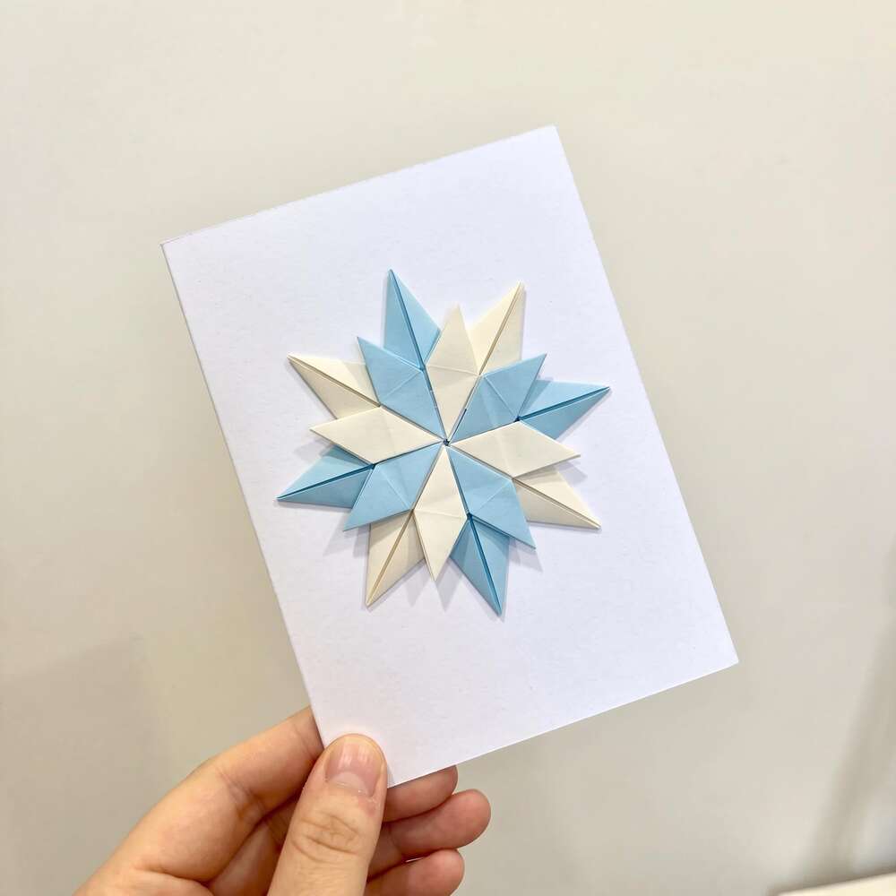 Handmade Origami Snowflake Greeting Card, 3D Geometric Paper Art, Blue Cream Bla